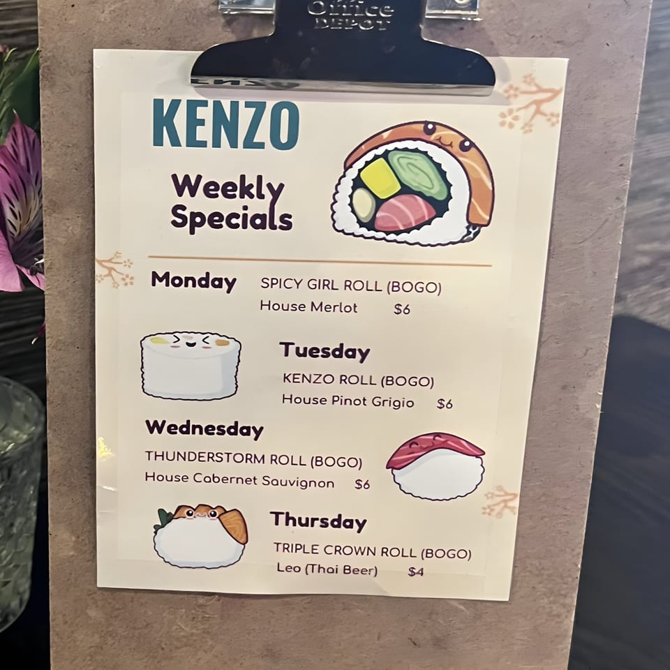 Weekly Specials at Kenzo Thai and Sushi
